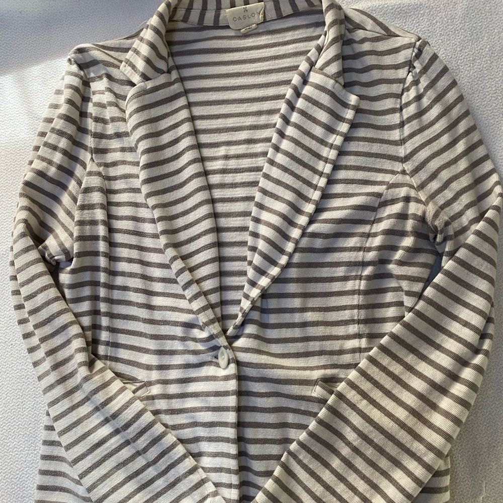Caslon knit one button blazer, grey and white stripe